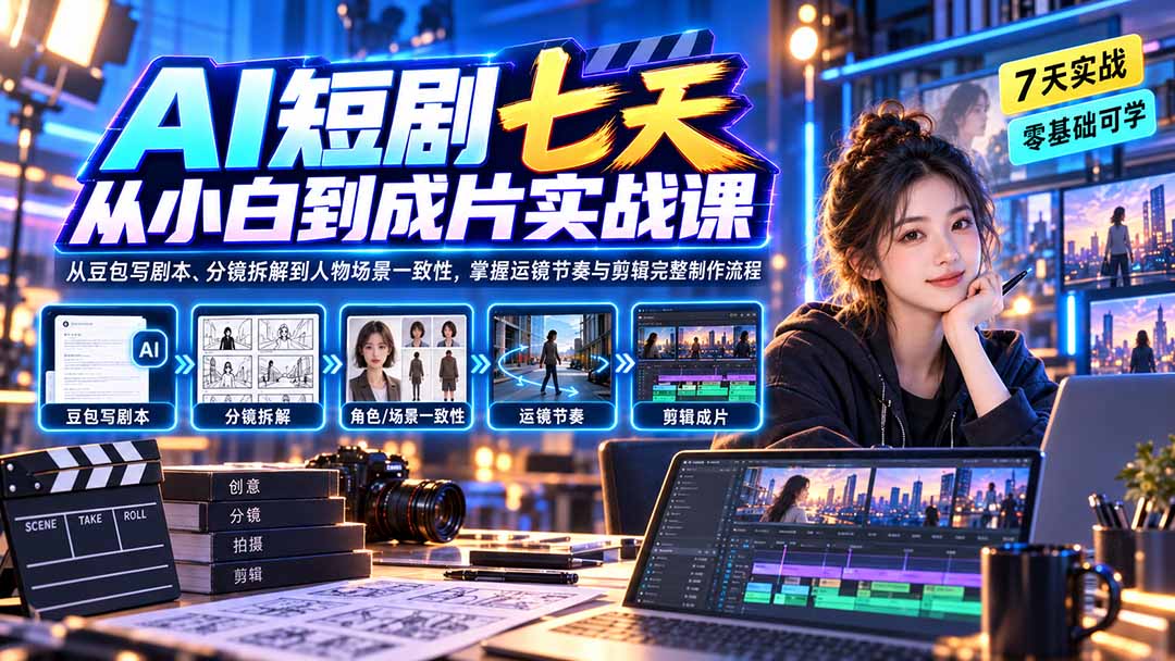 AI短剧七天从小白到成片实战课:从豆包写剧本、分镜拆解到人物场景一致性,掌握运镜节奏与剪辑完整制作流程-旺仔资源库