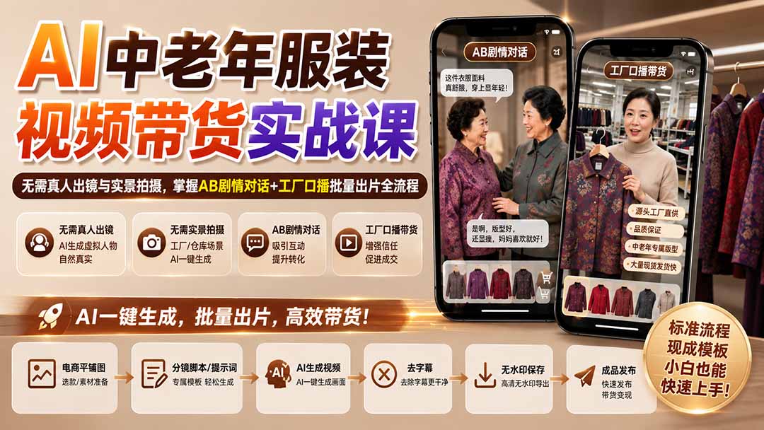 AI中老年服装视频带货实战课：无需真人出镜与实景拍摄，掌握AB剧情对话+工厂口播批量出片全流程-旺仔资源库