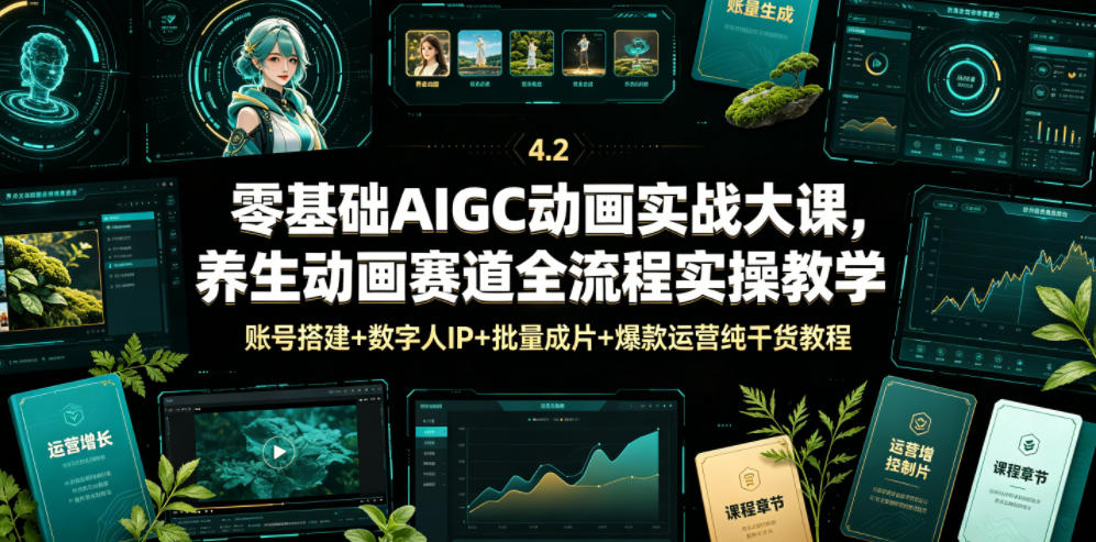 零基础AIGC动画实战大课，养生动画赛道全流程实操教学，账号搭建+数字人IP+批量成片+爆款运营纯干货教程-旺仔资源库