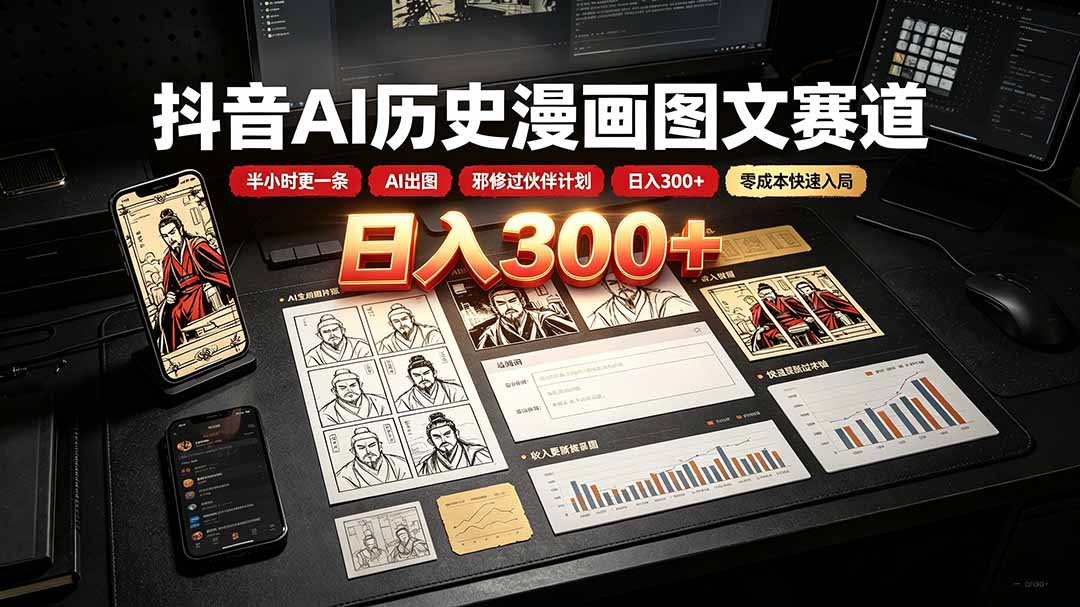 抖音AI历史漫画图文赛道：半小时更一条×AI出图×邪修过伙伴计划×日入300+，零成本快速入局-旺仔资源库