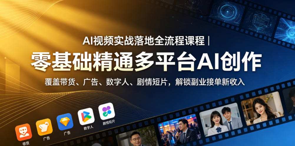 AI视频实战落地全流程课程|零基础精通多平台AI创作,覆盖带货、广告、数字人、剧情短片,解锁副业接单新收入-旺仔资源库