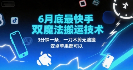 6月底最新快手双魔法搬运技术，3分钟一条，一刀不剪无脑搬，安卓苹果都可以-旺仔资源库