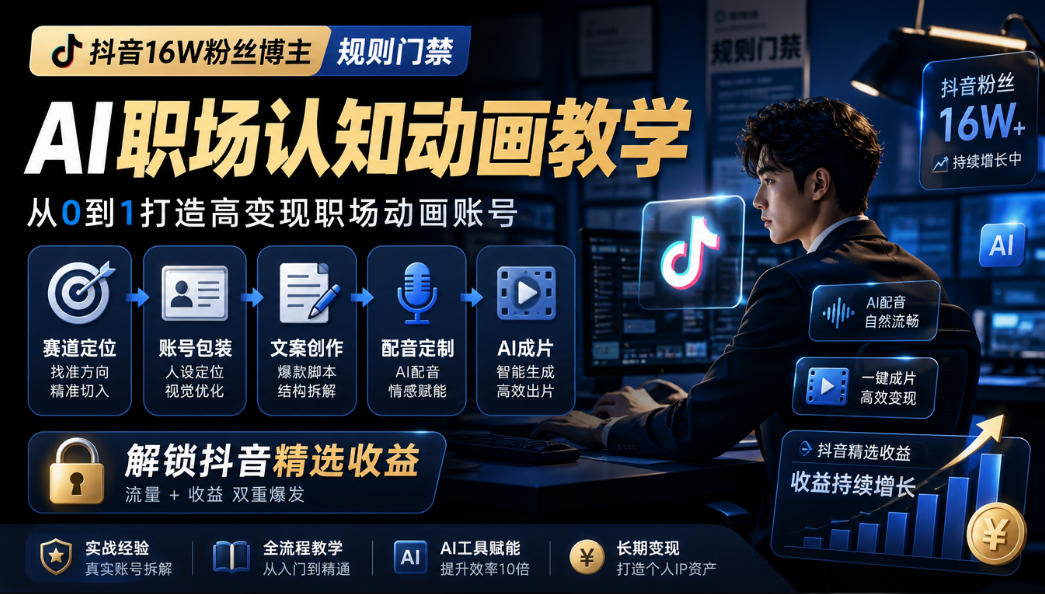 抖音16W粉丝博主规则门禁的AI职场认知动画教学,从赛道定位、账号包装,到文案创作、配音定制、AI成片,解锁抖音精选收益-旺仔资源库