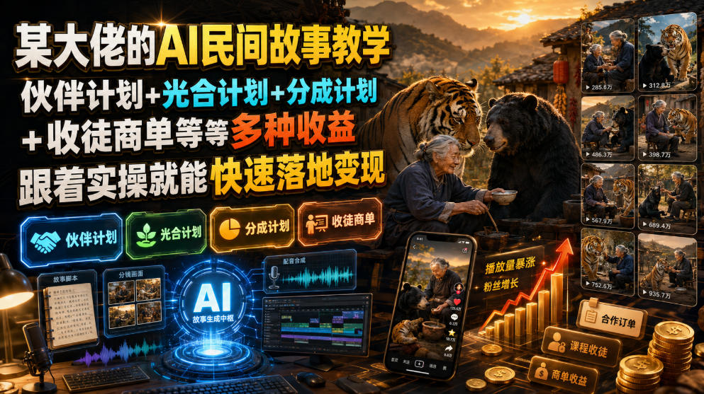 某大佬的AI民间故事教学,伙伴计划+光合计划+分成计划+收徒商单等多种收益,跟着实操就能快速落地变现-旺仔资源库