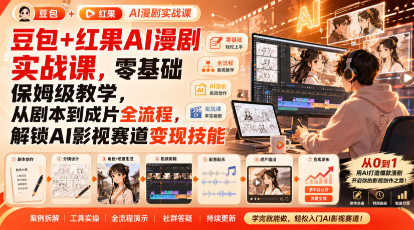 豆包+红果AI漫剧实战课，零基础保姆级教学，从剧本到成片全流程，解锁AI影视赛道变现技能-旺仔资源库