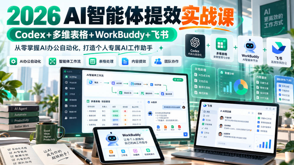 2026 AI智能体提效实战课：Codex+多维表格+WorkBuddy+飞书，从零掌握AI办公自动化，打造个人专属AI工作助手-旺仔资源库