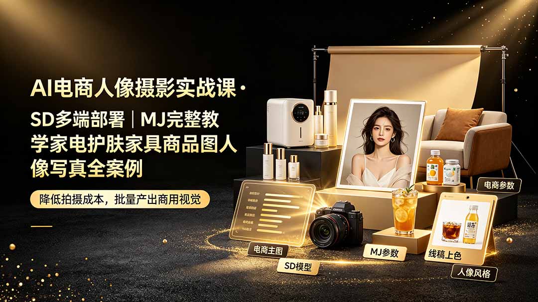 AI电商人像摄影实战课·SD多端部署｜MJ完整教学｜家电护肤家具商品图人像写真全案例-旺仔资源库