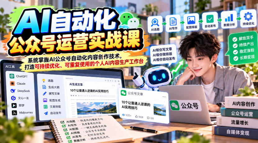 AI自动化公众号运营实战课，系统掌握AI公众号自动化内容创作技术，打造可持续优化、可重复使用的个人AI内容生产工作台-旺仔资源库