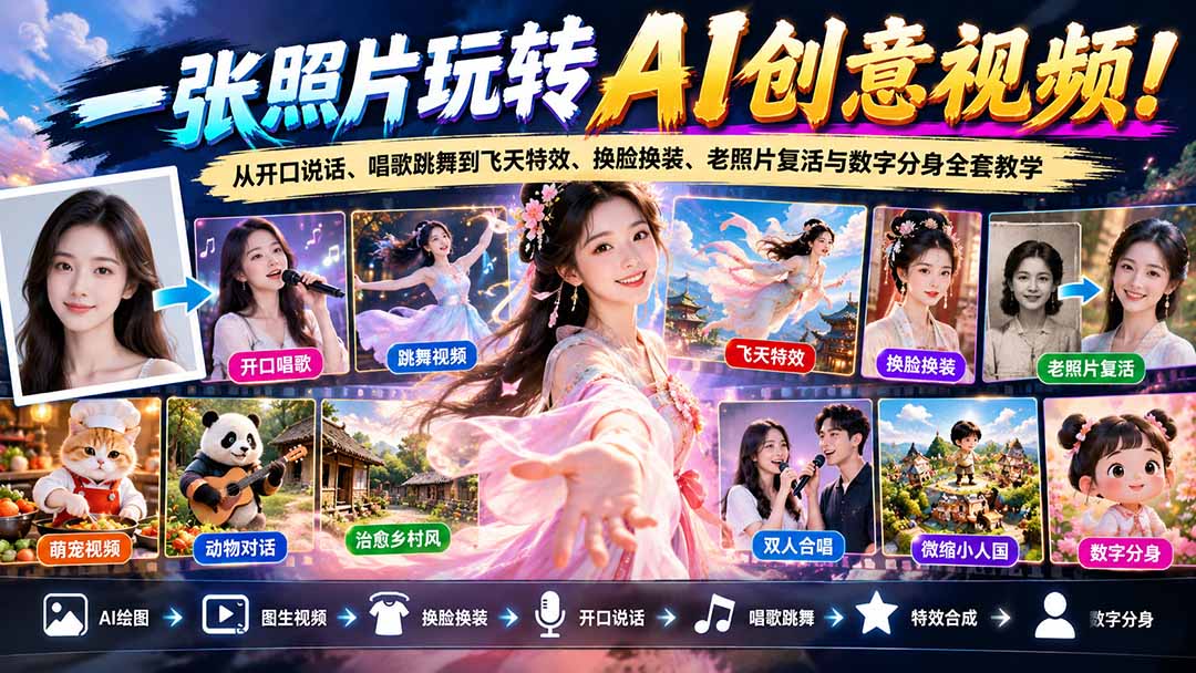 一张照片玩转AI创意视频!从开口说话、唱歌跳舞到飞天特效、换脸换装、老照片复活与数字分身全套教学-旺仔资源库