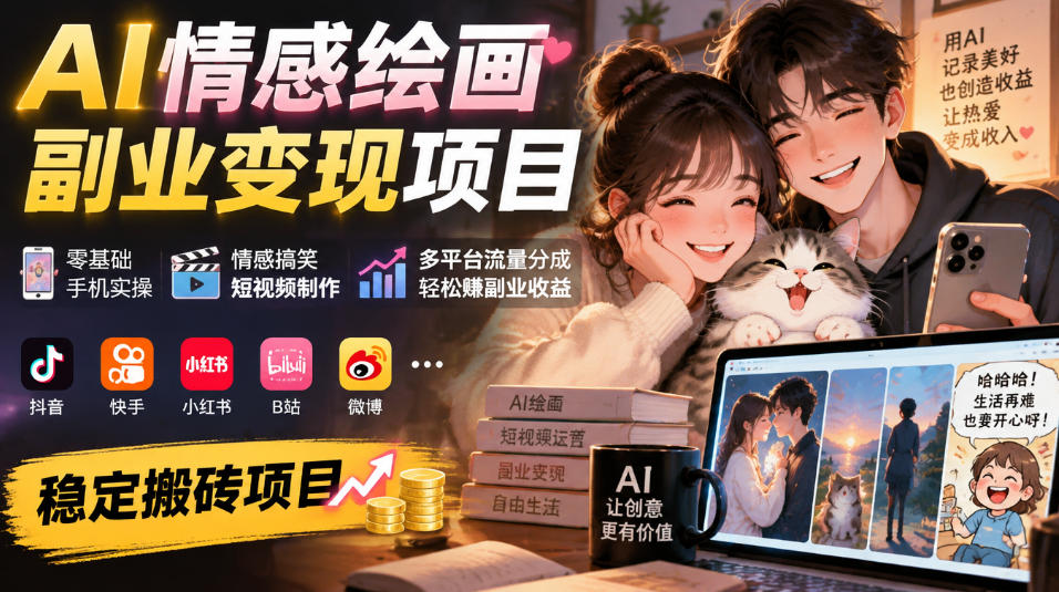 AI情感绘画副业变现项目|零基础手机实操,情感搞笑短视频制作,多平台流量分成轻松賺副业收益-旺仔资源库