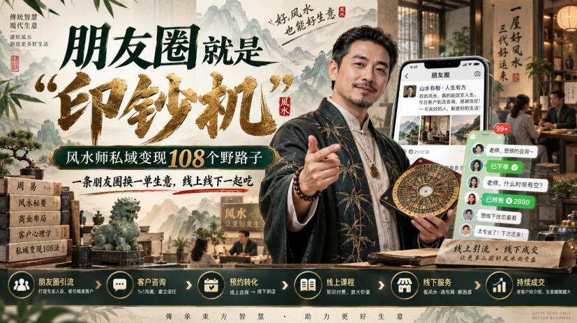 朋友圈就是“印钞机”,风水师私域变现108个野路子,一条朋友圈换一单生意,线上线下一起吃【文档】-旺仔资源库