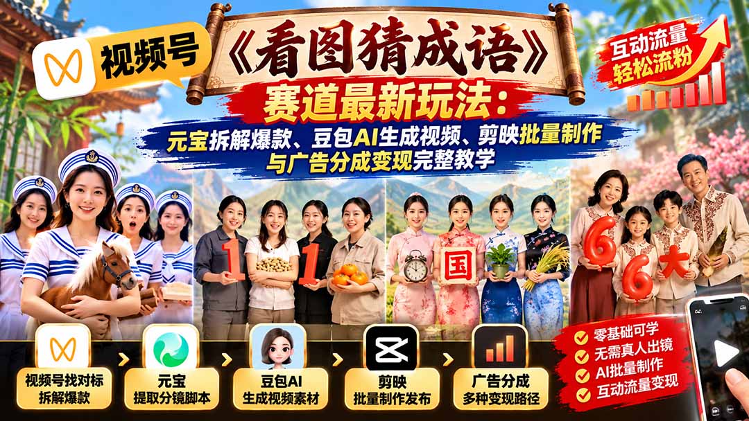 视频号《看图猜成语》赛道最新玩法:元宝拆解爆款、豆包AI生成视频、剪映批量制作与广告分成变现完整教学-旺仔资源库