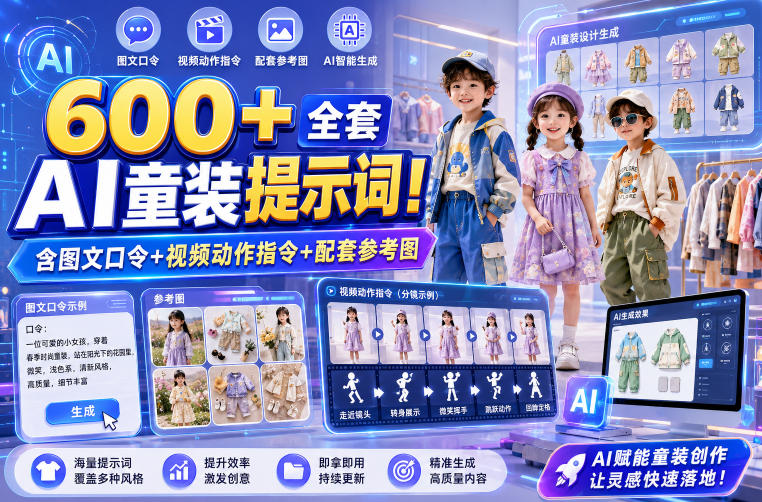 600+全套AI童装提示词!含图文口令+视频动作指令+配套参考图,Word-Excel规整分类,童装电商、种草无脑量产内容!-旺仔资源库