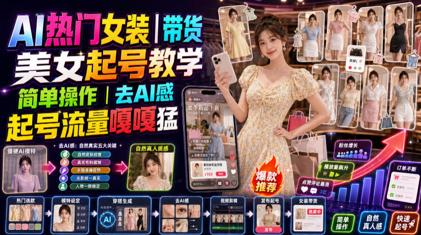 AI热门女装带货丨美女起号教学,简单操作,去AI感,起号流量嘎嘎猛-旺仔资源库