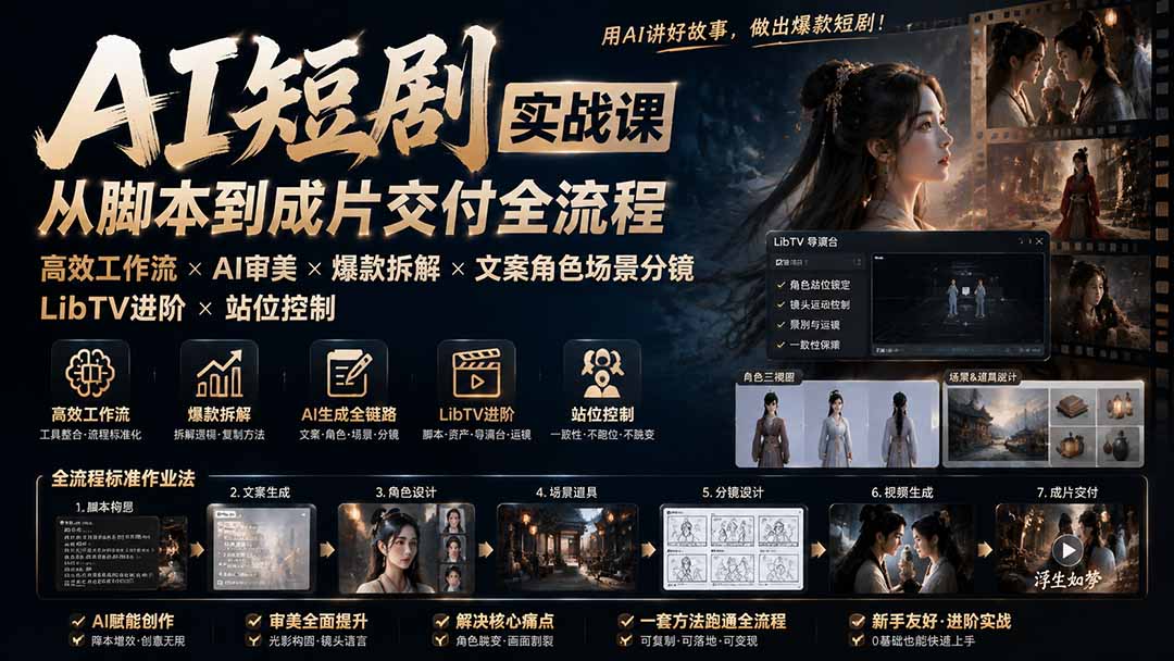 AI短剧实战课：高效工作流×AI审美×爆款拆解×文案角色场景分镜×LibTV进阶×站位控制×从脚本到成片交付全流程-旺仔资源库