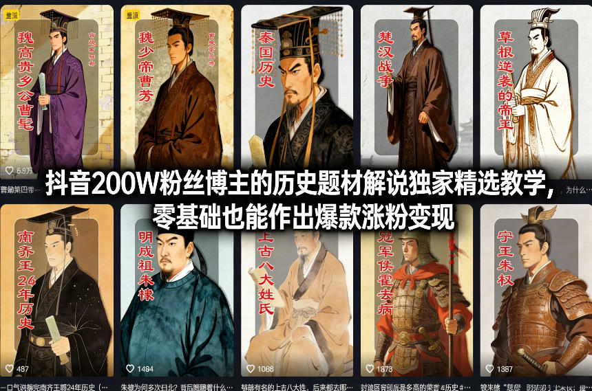 抖音200W粉丝博主的历史题材解说独家精选教学,零基础也能作出爆款涨粉变现-旺仔资源库