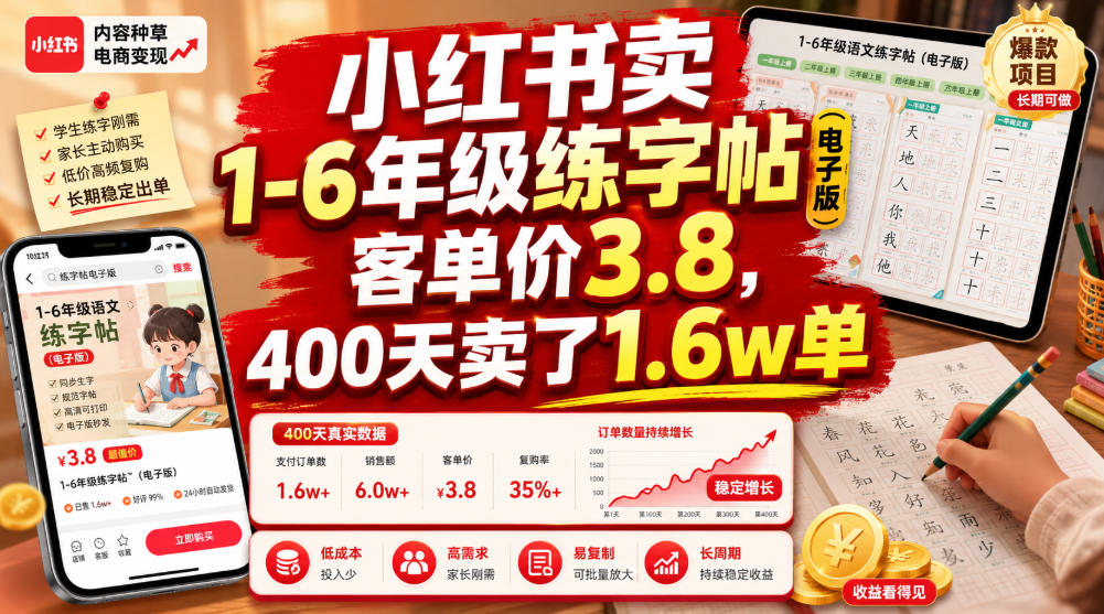 小红书卖1-6年级练字帖(电子版)，客单价3.8，400天卖了1.6w单-旺仔资源库