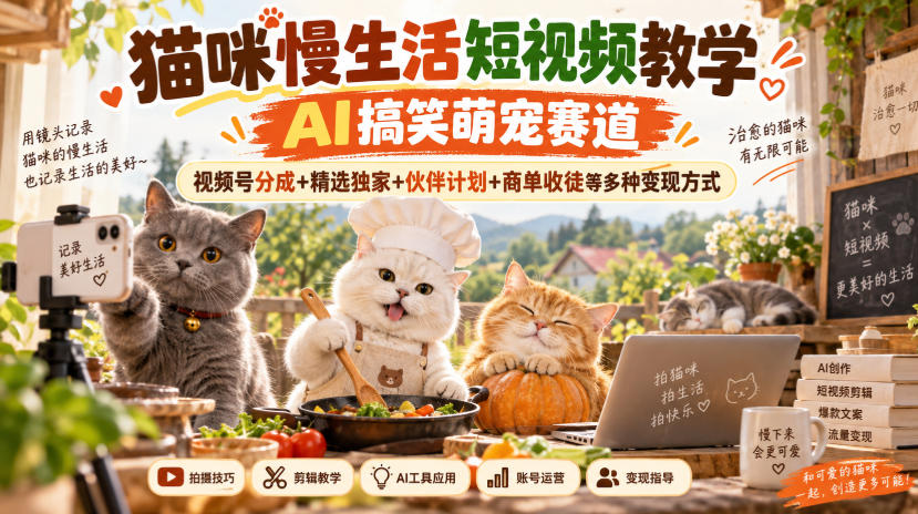 猫咪慢生活短视频教学,AI搞笑萌宠赛道,视频号分成+精选独家+伙伴计划+商单收徒等多种变现方式-旺仔资源库