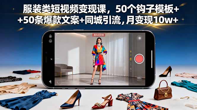 服装类短视频变现课，50个钩子模板+50条爆款文案+同城引流，月变现10w+-旺仔资源库