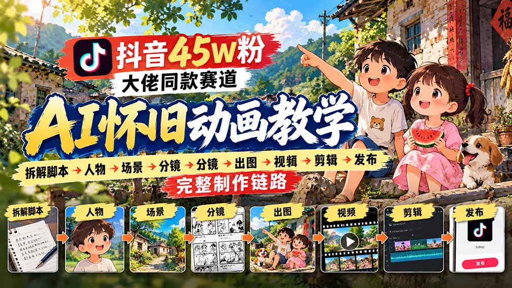 抖音45W粉大佬同款赛道AI怀旧动画教学:拆解脚本→人物→场景→分镜→出图→视频→剪辑→发布完整制作链路-旺仔资源库
