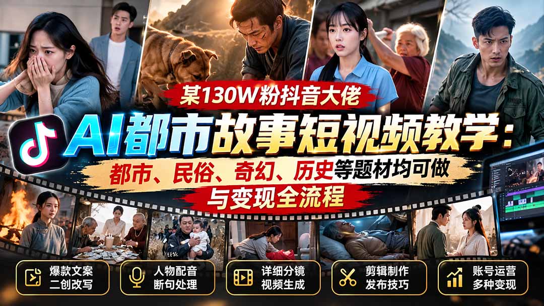 某130W粉抖音大佬AI都市故事短视频教学:都市、民俗、奇幻、历史等题材均可做与变现全流程-旺仔资源库