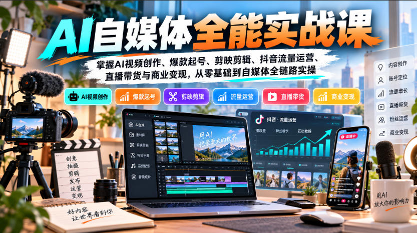 【无水印】AI自媒体全能实战课，掌握AI视频创作、爆款起号、剪映剪辑、抖音流量运营、直播带货与商业变现，从零基础到自媒体全链路实操-旺仔资源库
