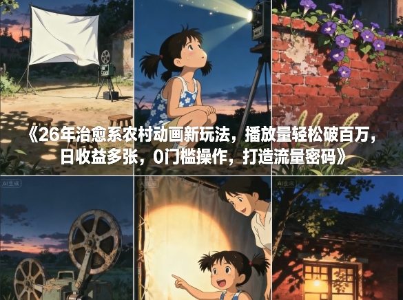 26年治愈系农村动画新玩法，播放量轻松破百万，日收益多张，0门槛操作，打造流量密码-旺仔资源库