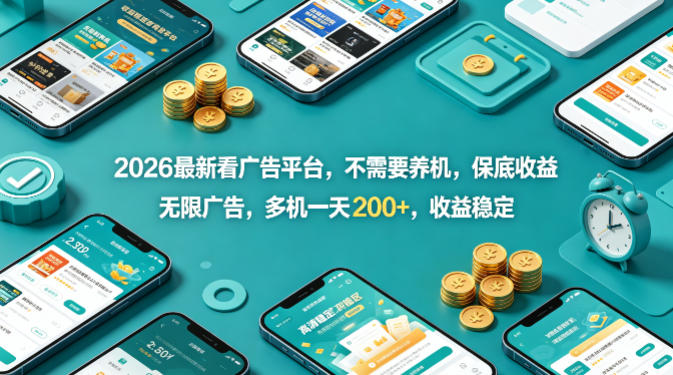 2026最新看广告平台，不需要养机，保底收益，无限广告，多机一天200+，收益稳定【揭秘】-旺仔资源库