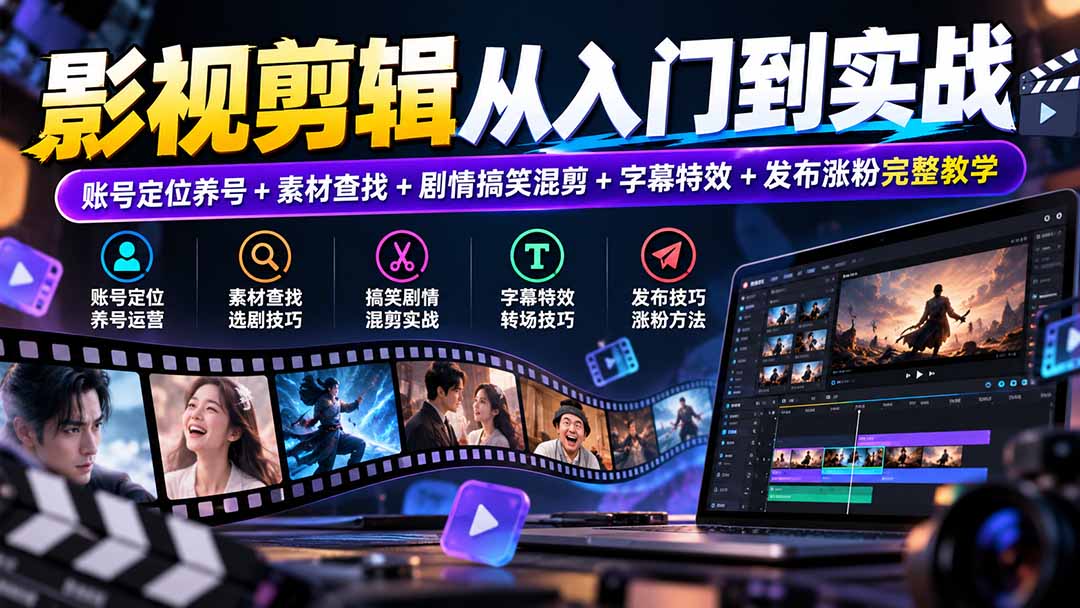 影视剪辑从入门到实战：账号定位养号+素材查找+剧情搞笑混剪+字幕特效+发布涨粉完整教学-旺仔资源库