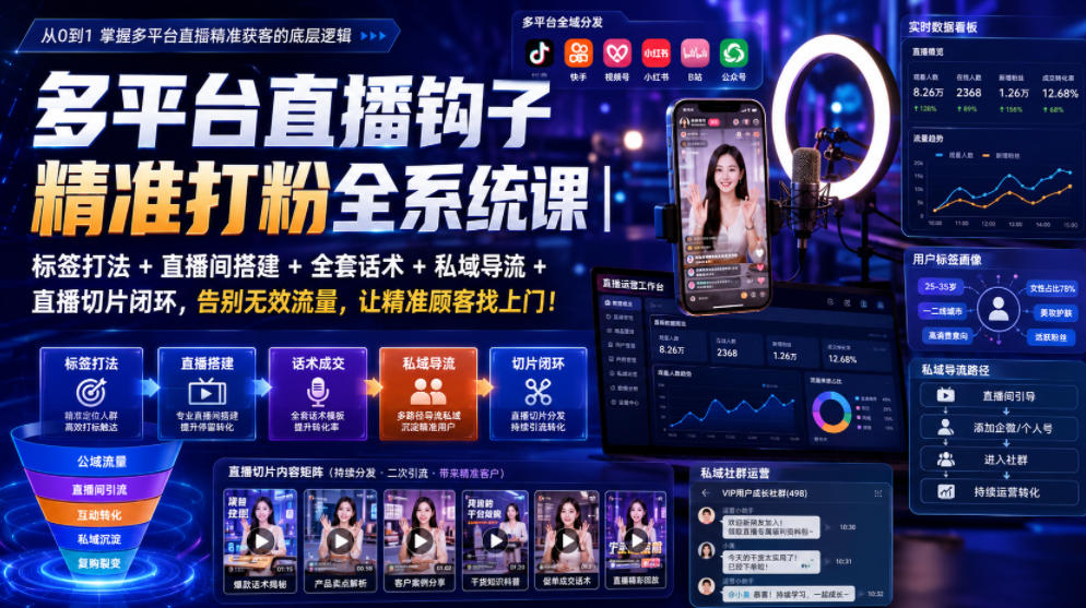 多平台直播钩子精准打粉全系统课｜标签打法+直播间搭建+全套话术+私域导流+直播切片闭环，告别无效流量，让精准顾客找上门！-旺仔资源库