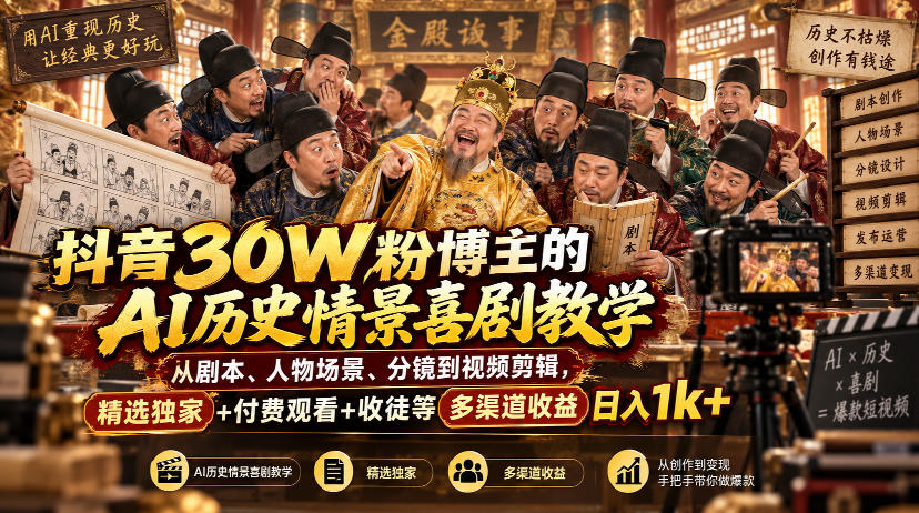 抖音30W粉博主的AI历史情景喜剧教学,从剧本、人物场景、分镜到视频剪辑,精选独家+付费观看+收徒等多渠道收益日入1k+-旺仔资源库