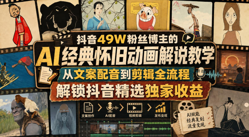 抖音49W粉丝博主的AI经典怀旧动画解说教学,从文案配音到剪辑全流程,解锁抖音精选独家收益-旺仔资源库