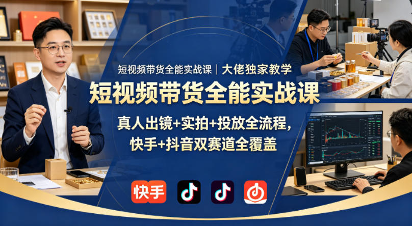 短视频带货全能实战课｜大佬独家教学，真人出镜+实拍+投放全流程，快手+抖音双赛道全覆盖-旺仔资源库