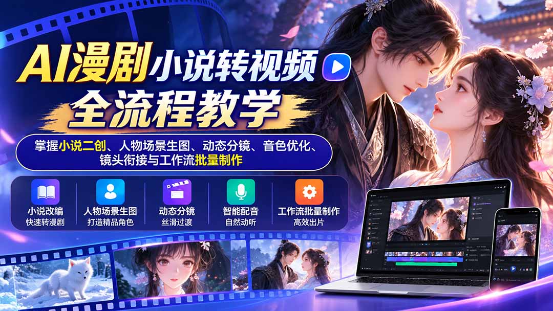 AI漫剧小说转视频全流程教学:掌握小说二创、人物场景生图、动态分镜、音色优化、镜头衔接与工作流批量制作-旺仔资源库