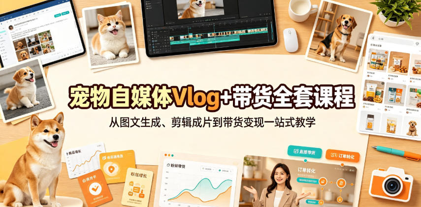 宠物自媒体Vlog+带货全套课程|从图文生成、剪辑成片到带货变现一站式教学-旺仔资源库