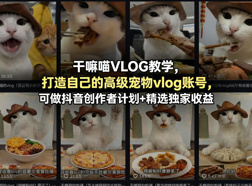 干嘛喵VLOG教学，打造自己的高级宠物vlog账号，可做抖音创作者计划+精选独家收益-旺仔资源库