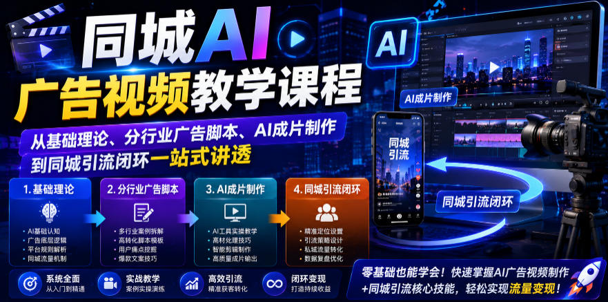 同城AI广告视频教学课程，从基础理论、分行业广告脚本、AI成片制作到同城引流闭环一站式讲透-旺仔资源库