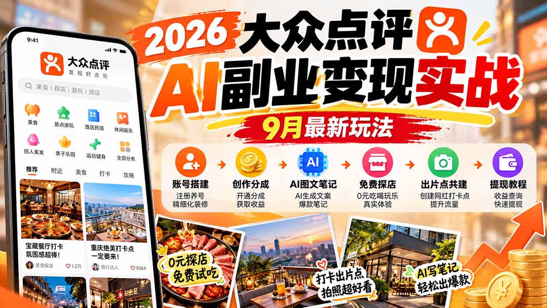 2026大众点评AI副业变现实战9月最新玩法:账号搭建+创作分成+AI图文笔记+免费探店+出片点共建与提现教程-旺仔资源库
