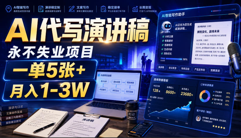 AI代写演讲稿,永不失业项目,一单5张+,月入1-3W【揭秘】-旺仔资源库