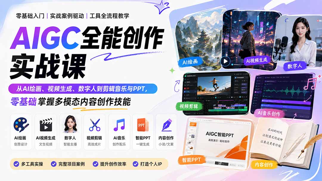 AIGC全能创作实战课:从AI绘画、视频生成、数字人到剪辑音乐与PPT,零基础掌握多模态内容创作技能-旺仔资源库