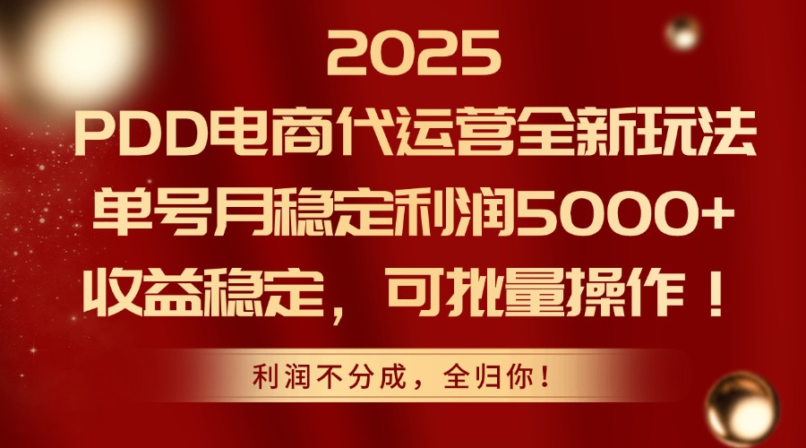 2025PDD电商代运营全新玩法，单号月稳定利润5000+，收益稳定，可批量操作-旺仔资源库