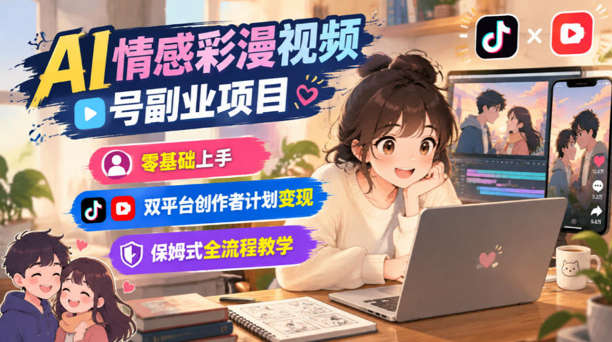 AI情感彩漫视频号副业项目,零基础上手,双平台创作者计划变现,保姆式全流程教学