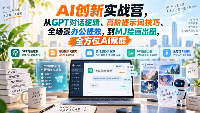 AI创新实战营,从GPT对话逻辑、高阶提示词技巧、全场景办公提效,到MJ绘画出图,全方位AI赋能-旺仔资源库