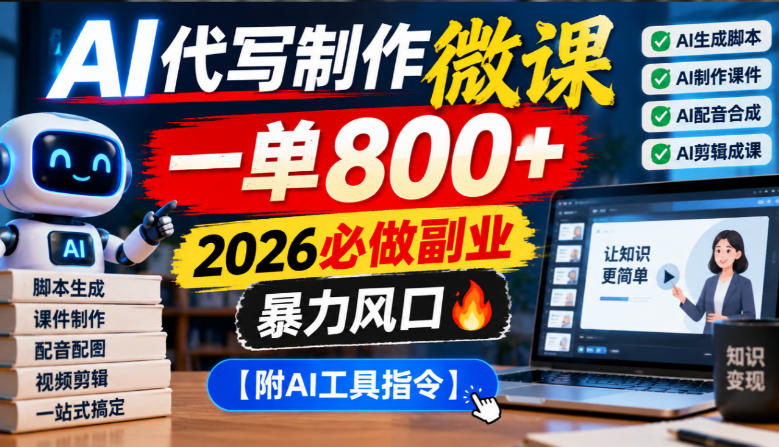 AI代写制作微课,一单800+,2026必做副业,暴力风口【附AI工具指令】【揭秘】-旺仔资源库