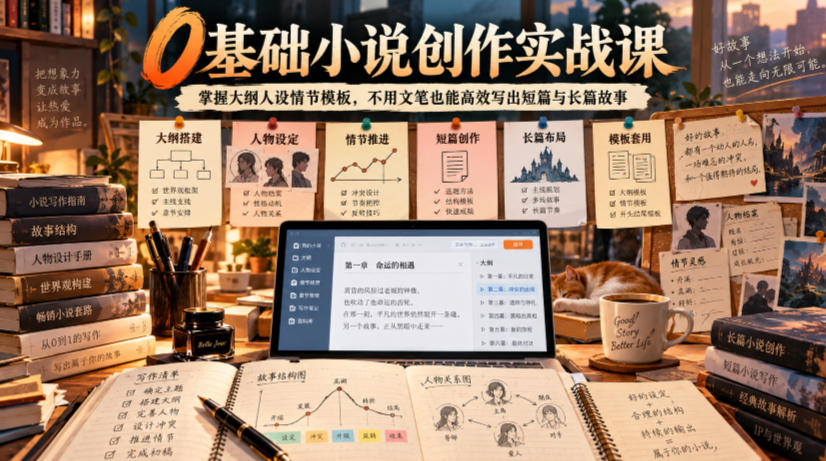 0基础小说创作实战课｜掌握大纲人设情节模板，不用文笔也能高效写出短篇与长篇故事-旺仔资源库