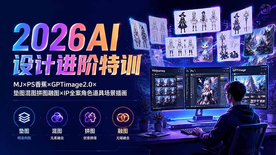 2026AI设计进阶特训:MJ×PS香蕉×GPTimage2.0×垫图混图拼图融图×IP全案角色道具场景插画-旺仔资源库