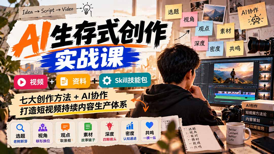 AI生存式创作实战课:视频+资料+Skill技能包,七大创作方法+AI协作,打造短视频持续内容生产体系-旺仔资源库