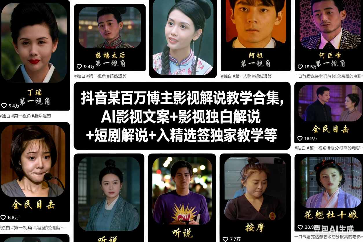 抖音某百万博主影视解说教学合集,AI影视文案+影视独白解说+短剧解说+入精选签独家教学等-旺仔资源库