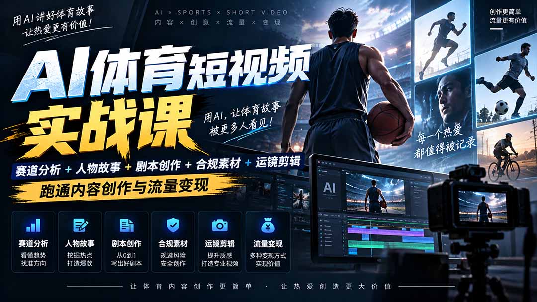 AI体育短视频赛道顶级玩法｜赛道分析+人物故事+剧本创作+版权处理+运镜剪辑，跑通流量变现-日赚1K+-旺仔资源库
