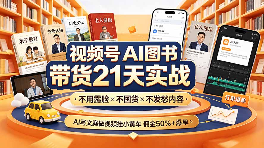 视频号AI图书带货21天实战:不用露脸×不囤货×不发愁内容,AI写文案做视频挂小黄车,佣金50%+爆单-旺仔资源库